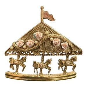 1928 Vintage Carousel Brooch Gold Tone Pink Rose Pearls Horse Pin J17